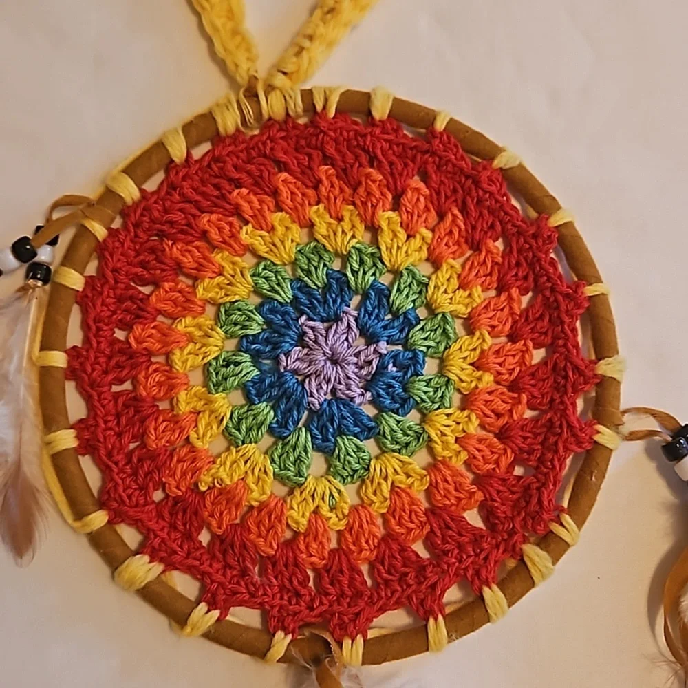 Hand Crafted crochet dream catcher rainbow colors textile art handmade holiday